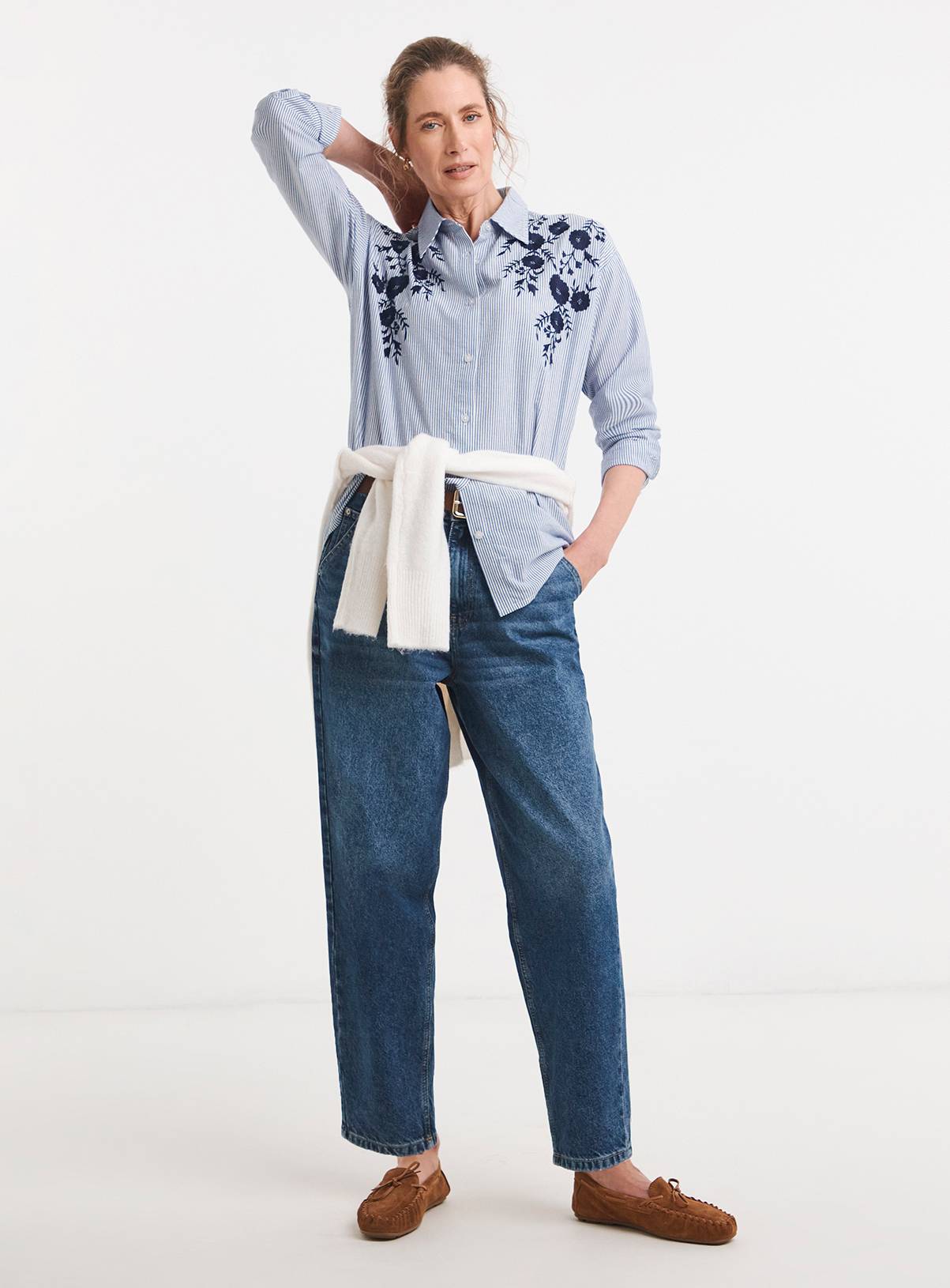 JD WILLIAMS Embroidered Blue Stripe Relaxed Shirt 20 - Image 3